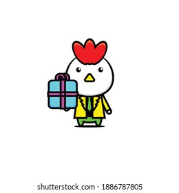 Vector design illustration of a cute chicken holding a gift