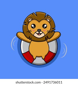 vector design illustration of a cute lion mascot relaxing with a swimming buoy	