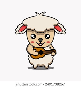 vector design illustration of a cute mascot sheep character playing guitar	