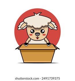 vector design illustration of a cute mascot sheep character in a box	