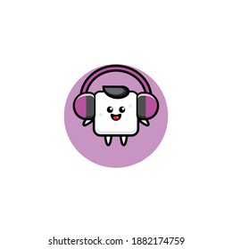 Vector design illustration of cute white tofu listening to music