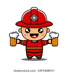 vector design illustration of a firefighter mascot, a firefighter character with a beer drink	
