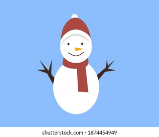 Vector design illustration of funny snowman wearing scraf and christmas hat in winter season, isolated on ice blue color background. Flat cartoon style. Merry Christmas concept