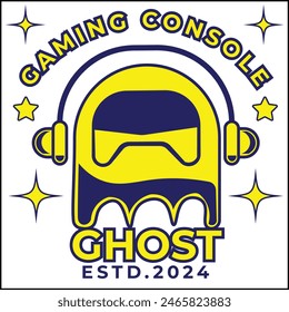 vector design illustration of a gaming console ghost with a ghost wearing headphones in yellow and blue in a simple style. suitable for logos, icons, posters, advertisements, banners, companies, web.