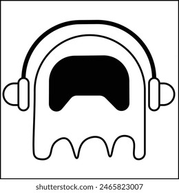 vector design illustration of a ghost wearing headphones in black and white with a silhouette style. suitable for logos, icons, posters, advertisements, banners, companies, t-shirt designs, stickers, 