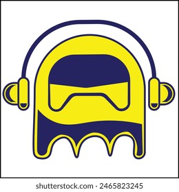 Vector design illustration of a ghost wearing headphones in yellow and blue colors with a simple style. suitable for logos, icons, posters, advertisements, banners, companies, t-shirt designs, sticker