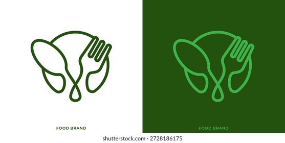 Ilustração de design vetorial de uma combinação de colher verde e garfo em um prato, adequado para cozinhar blogs, cartões de receitas, decoração de cozinha e sites de culinária.