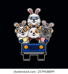 vector design illustration of a group of rabbits with a car with smiling faces