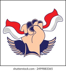 vector design illustration of a hand holding an Indonesian flag with wings in peach and blue colors in a simple style. suitable for logos, icons, posters, advertisements, banners, companies, t-shirt.