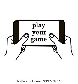 vector design illustration of a hand playing a game on a cellphone in black and white. This design is very suitable as a logo for a game, a symbol for playing online games