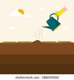 Vector design illustration of hand watering seeds. Human hand holding watering can to growing the plants. Sprouting seeds in the garden. Plant business concept. Flat cartoon style.