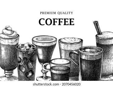 Diseño vectorial con ilustración de bebidas de café hechas a mano. Bebidas antiguas dibujan el fondo. Plantilla retro aislada en blanco con tazas de café aromáticas y gafas. Para plantillas de menú de barras o cafés