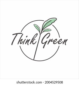 Vector Design Illustration with Hand-Lettering Text Logo Think Green Concept - Ecology and Green Energy in Trendy Linear Style