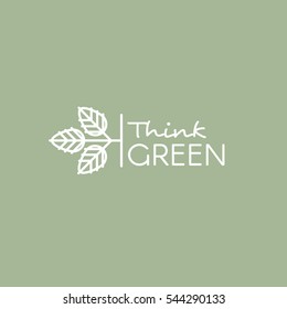 Vector Design Illustration with Hand-Lettering Text Logo Think Green Concept - Ecology and Green Energy  in Trendy Linear Style