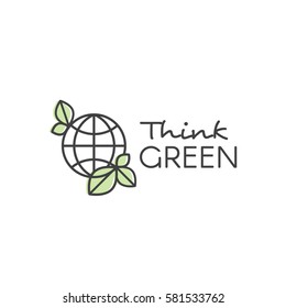 Vector Design Illustration with Hand-Lettering Text Logo Think Green Concept - Ecology and Green Energy  in Trendy Linear Style