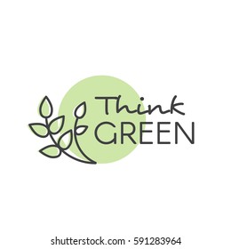 Vector Design Illustration with Hand-Lettering Text Logo Think Green Concept - Ecology and Green Energy  in Trendy Linear Style with Leaf Plant Element