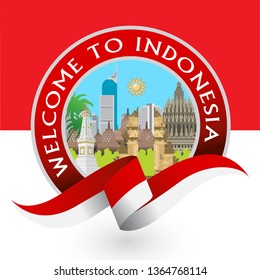 Vector design Illustration of Indonesia flag with wording welcome to Indonesia 