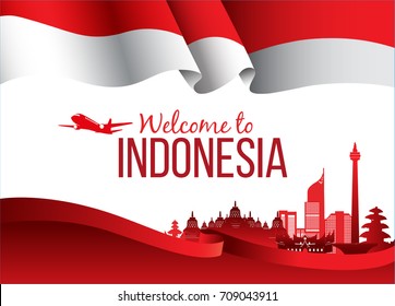 Vector design Illustration of Indonesia flag with wording welcome to Indonesia 