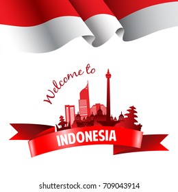 Diseño de vectores Ilustración de la bandera de Indonesia con un texto bienvenido a Indonesia 