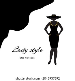   Vector  Design Illustration With Lady Wearing A Little Black Dress With Gold Trim.  Lady Style. Simple Template For Logo Or Brand Of Fashion Women Clothes,  Dresses. Clothing Store, Atelier, Fashion