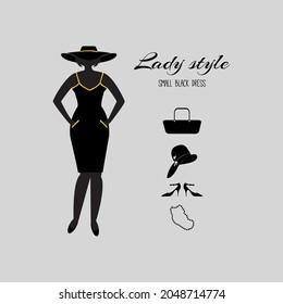   Vector  Design Illustration With Lady Wearing A Little Black Dress With Gold Trim.   Simple Template For Logo Or Brand Of Fashion Women Clothes,  Dresses. Clothing Store, Atelier, Fashion House. 