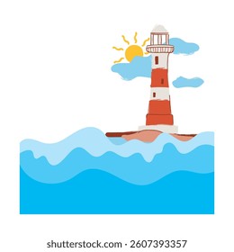 vector design illustration of light tower on sea pier