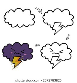 Vector design illustration of lightning clouds, steps to draw lightning clouds, tutorial drawing lightning clouds for children