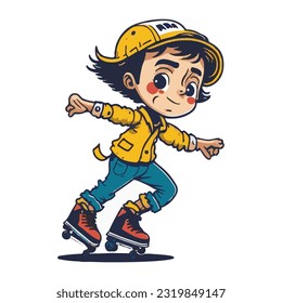 vector design illustration of little girl character mascot playing roller skates