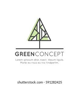 Vector Design Illustration Logo Tree and Forest Concept - Ecology and Green Energy in Trendy Linear Style with Leaf Plant Element, Anti Deforestation Banner