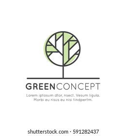 Vector Design Illustration Logo Tree and Forest Concept - Ecology and Green Energy in Trendy Linear Style with Leaf Plant Element, Anti Deforestation Banner