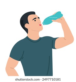 Ilustración de diseño de Vector de un hombre con el pelo limpio que sostiene una botella con un gesto de querer beber agua de su botella