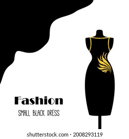   Vector  design illustration with mannequin. Small black dress with golden ornament. Simple template for logo or brand of fashion women clothes,  dresses. Clothing store, atelier, fashion house. 