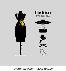   Vector  design illustration with mannequin. Small black dress with golden ornament. Women accessories.  Simple template elements for logo or brand of fashion women clothes,  dresses. Clothing store,