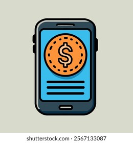 vector design illustration of mobile phone with bitcoin, black colored mobile phone on plain background
