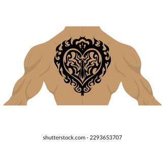 vector design of an illustration model of a half body or human body from the waist to the neck seen from behind with a black symbol or tattoo shaped like a heart or love on the back