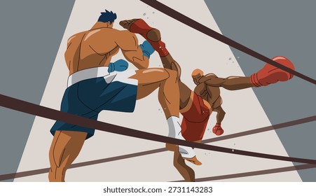 Ilustración de diseño de Vector de un luchador de Muay Thai realizando una patada alta en el cuello en un ring de boxeo, mostrando técnicas poderosas, artes marciales tailandesas tradicionales, 
y deportes de combate profesionales.