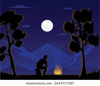desenho vetorial ilustração do cenário natural à noite e um homem é visto sentado perto de uma fogueira sob o luar