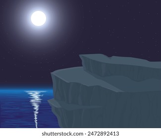 vector design of an illustration of a night view with a bright moon and blue sea as well as a starry sky and a rocky cliff in the right corner