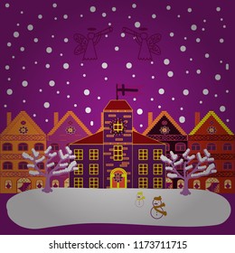Vector design. Illustration on purple, white and red colors. Perfect for kids fabric, nursery wallpaper. Nice nature landscape concept. Colorful pattern with house, trees, snowman, mountains and hills