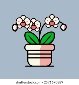 vector design illustration of orchid flower in pot, plain background.