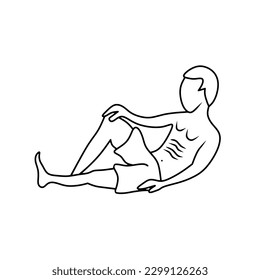 Vector design illustration of outline or line art of a man sitting leaning back casually without shirt and only wearing shorts