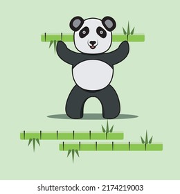 vector design illustration of a panda lifting bamboo on a green background