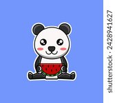 vector design illustration of a panda sitting and holding a piece of watermelon