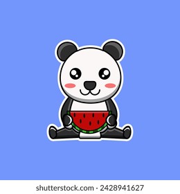 vector design illustration of a panda sitting and holding a piece of watermelon