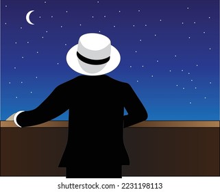 vector design illustration of a person looking up at the starry sky at night and there is a crescent moon and the person is wearing a white hat and black shirt