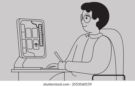 vector design illustration of a person sitting leaning back on a chair, wearing glasses, doing work facing his PC screen. line drawing style.