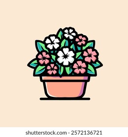 vector design illustration of petunia flower in pot, plain background.