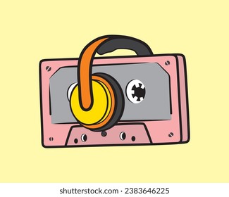 Vector design illustration of a pink cassette and a headphone. illustration to illustrate listening to a cassette using headphones