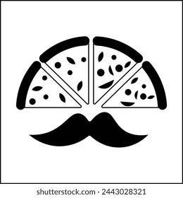 vector design illustration of pizza silhouette and mustache in black and white. suitable for logos, icons, posters, advertisements, banners, companies, t-shirt designs, stickers, websites.