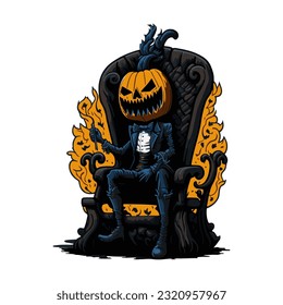 vector design illustration of pumpkin character halloween king sitting